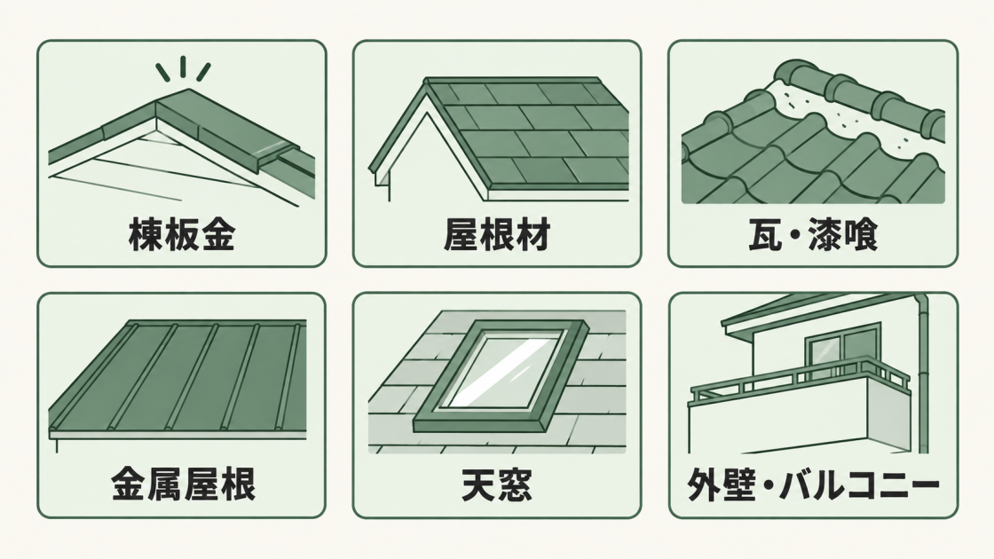 棟板金、屋根材、瓦・漆喰、金属屋根、天窓、外壁・バルコニーを雨漏りの主な原因箇所として示した図解