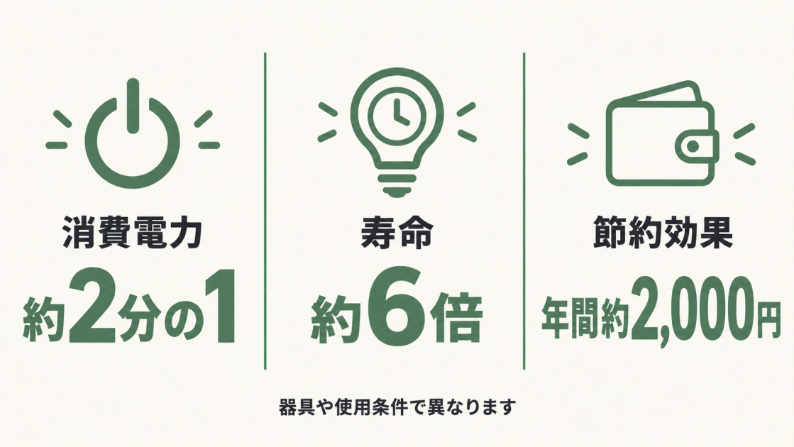 蛍光灯と比べてLEDは消費電力が約2分の1、寿命が約6倍で、年間約2,000円の節約効果がある試算を示す図