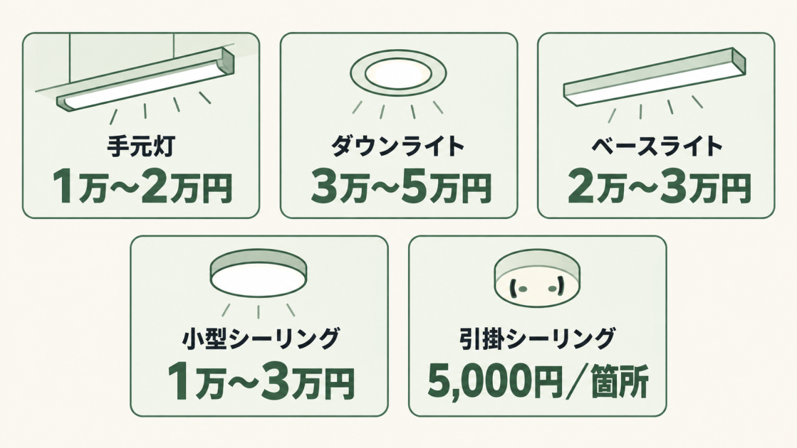 キッチンの手元灯、ダウンライト、ベースライト、小型シーリング、引掛シーリングの交換費用の目安