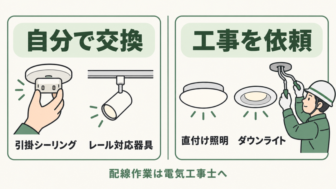 引掛シーリングとレール対応器具は条件が合えば自分で交換でき、直付け照明とダウンライトは電気工事を依頼することを示す比較図