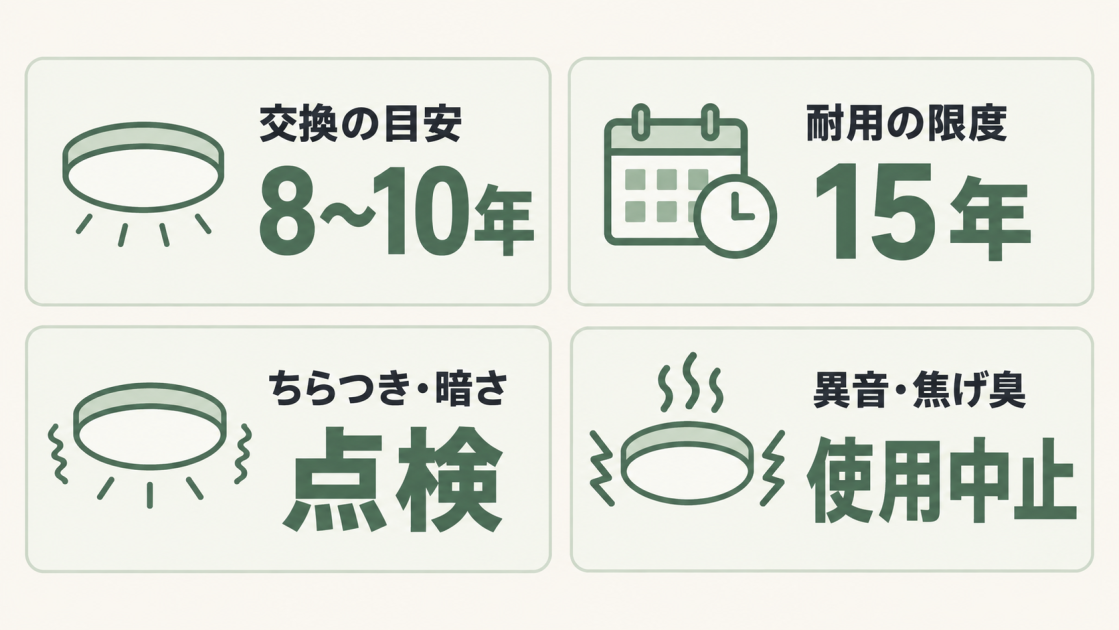 照明器具の交換目安は8〜10年、耐用の限度は15年で、ちらつきや暗さは点検、異音や焦げ臭は使用中止のサインであることを示す図