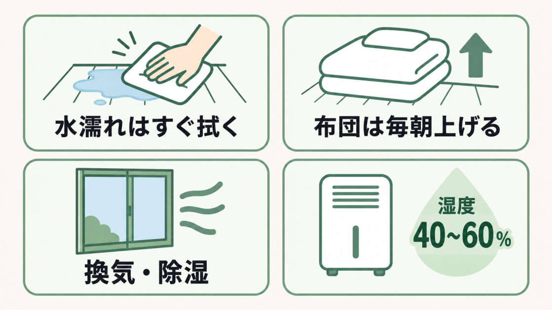 水濡れをすぐ拭く、布団を毎朝上げる、換気と除湿を行う、湿度を40〜60％に保つ予防法を示す図解