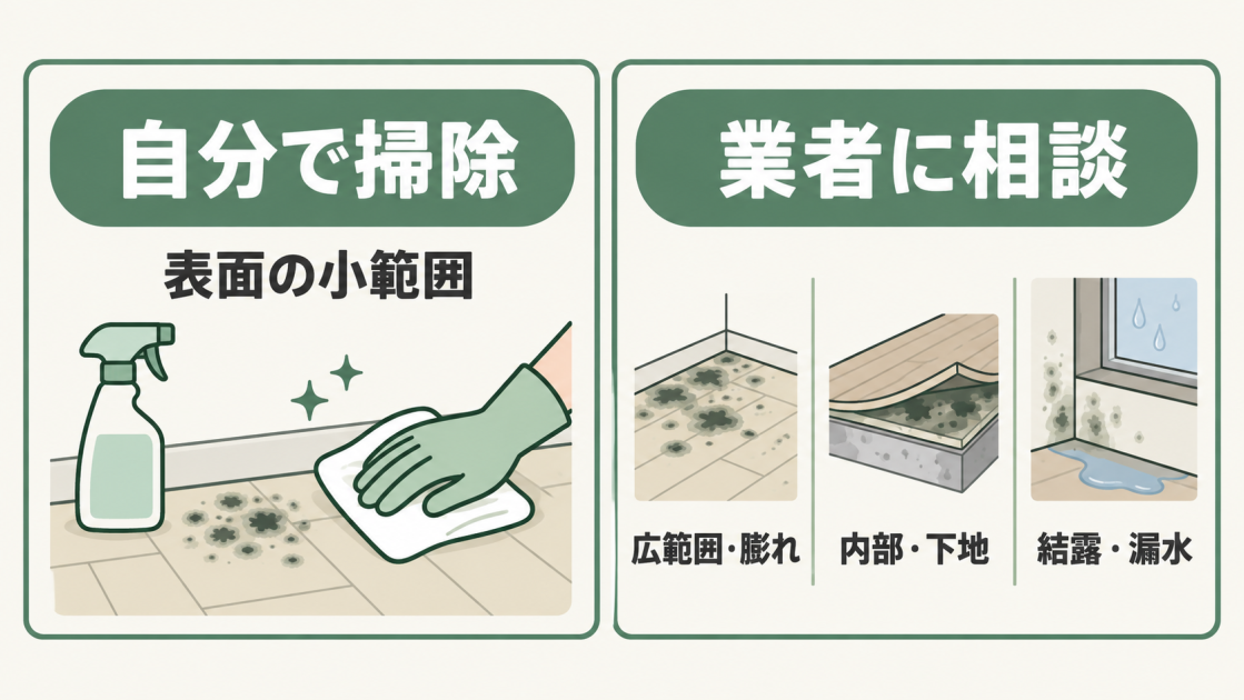 表面の小範囲なら自分で掃除し、広範囲や膨れ、内部・下地への進行、結露・漏水がある場合は業者へ相談する目安を示す図解