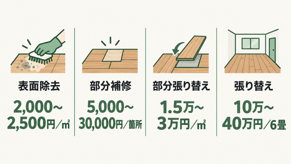 表面除去は1平米2,000〜2,500円、部分補修は1か所5,000〜30,000円、部分張り替えは1平米1.5万〜3万円、張り替えは6畳10万〜40万円の目安を示す図解