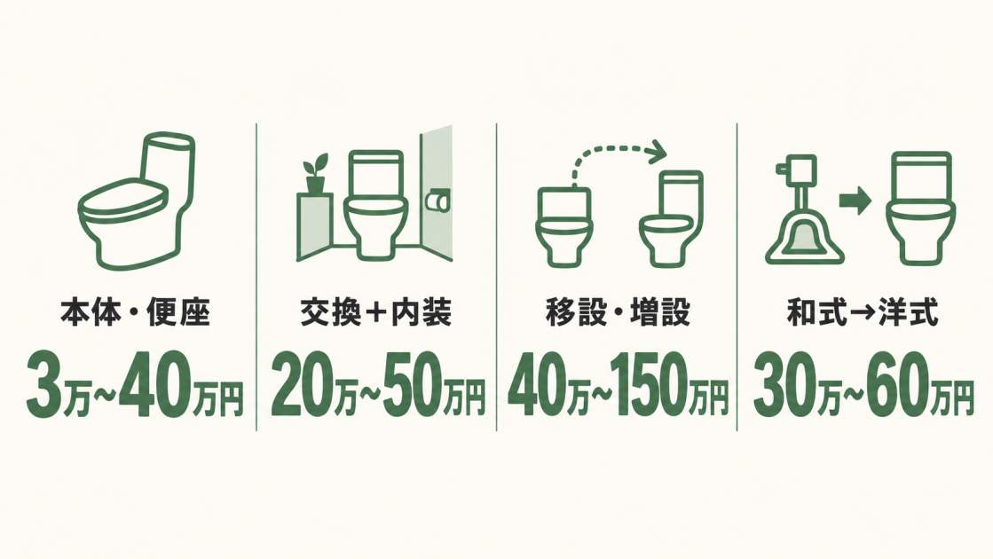 トイレ本体・便座の交換3万〜40万円、交換と内装20万〜50万円、移設・増設40万〜150万円、和式から洋式30万〜60万円を比較した図解