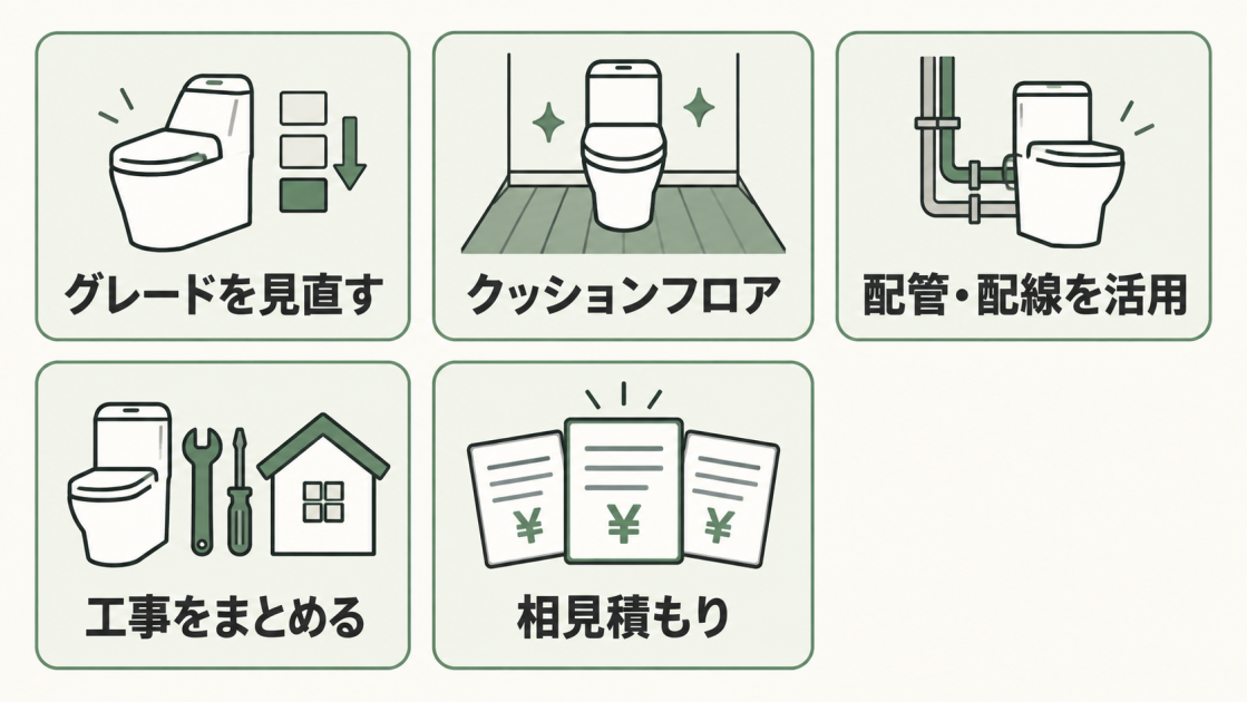 グレードの見直し、クッションフロア、既存の配管・配線の活用、工事の一括依頼、相見積もりという5つの節約方法を示した図解