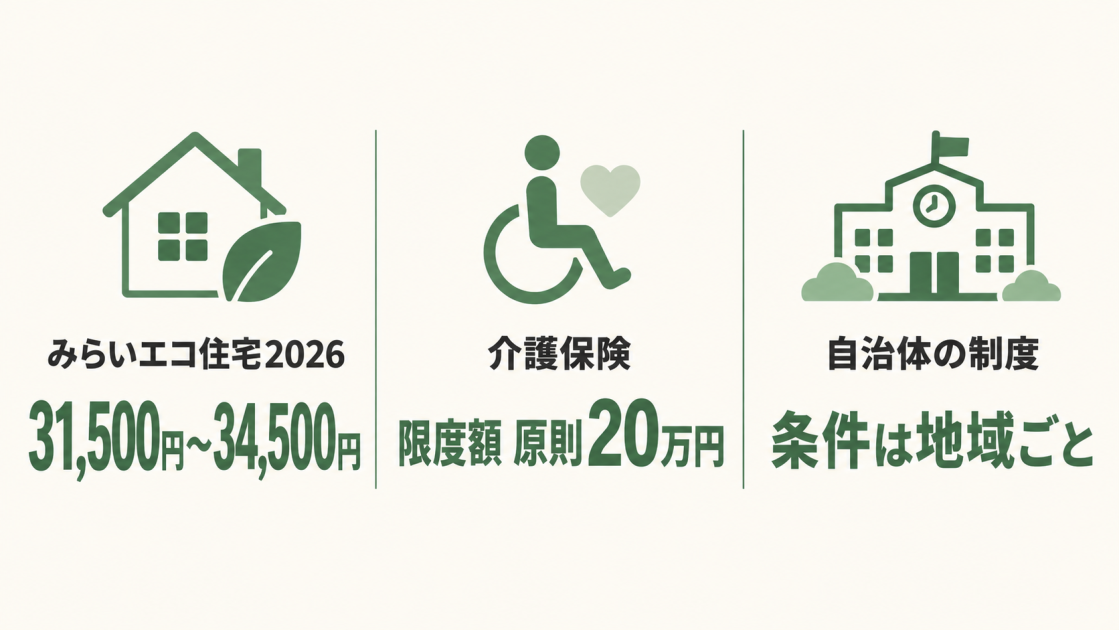 みらいエコ住宅2026事業の補助額31,500円〜34,500円、介護保険の限度額原則20万円、自治体ごとに条件が異なる制度を示した図解