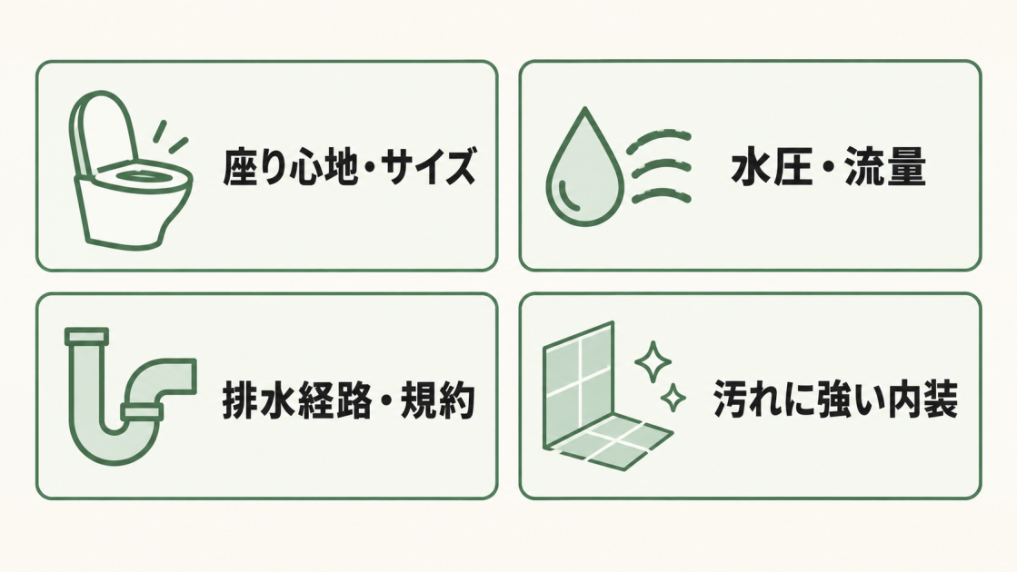 座り心地とサイズ、水圧と流量、排水経路と管理規約、汚れに強い内装材の4点を示した図解