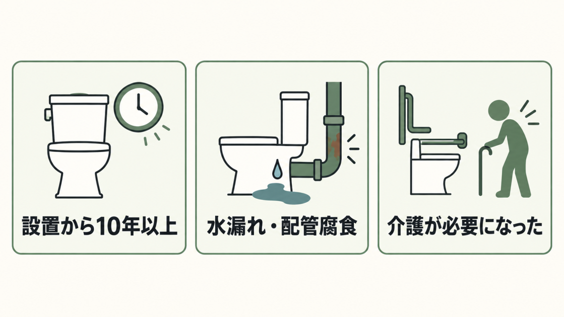 設置から10年以上、水漏れや配管腐食、介護が必要になったときという3つのリフォーム時期を示した図解