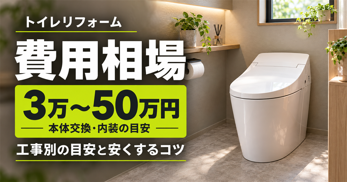 「トイレリフォームの費用相場3万〜50万円、本体交換・内装の目安、工事別の目安と安くするコツ」の文字と、白い洋式トイレ