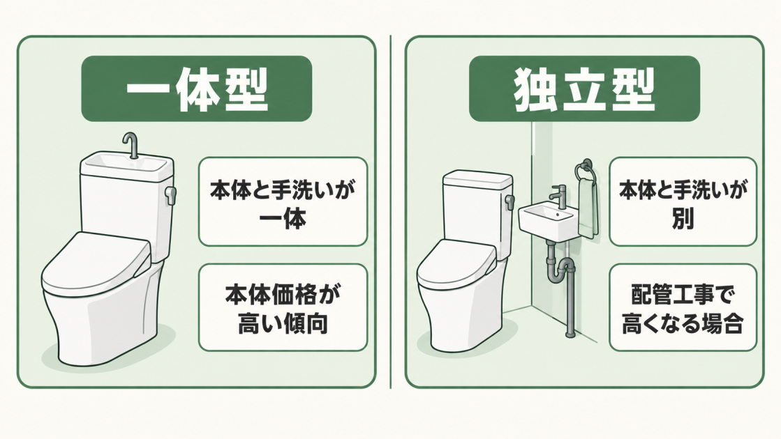 本体と手洗いが一体で本体価格が高い傾向の一体型と、本体と手洗いが別で配管工事により高くなる場合がある独立型を比較した図解