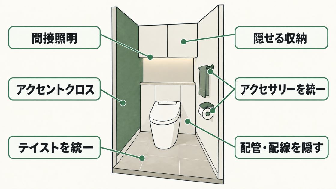 トイレ空間のパースに、間接照明、内装テイストの統一、アクセントクロス、隠せる収納、アクセサリーの統一、配管・配線を隠す位置を指示線で示した図解