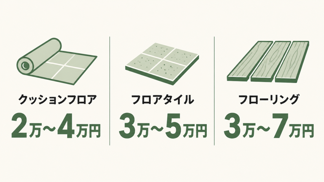 1畳のトイレにおけるクッションフロア2万〜4万円、フロアタイル3万〜5万円、フローリング3万〜7万円の費用相場を比較した図解