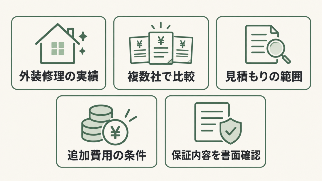 外装修理の実績、複数社比較、見積もり範囲、追加費用の条件、保証内容の書面確認という業者選びの5項目を示す図解