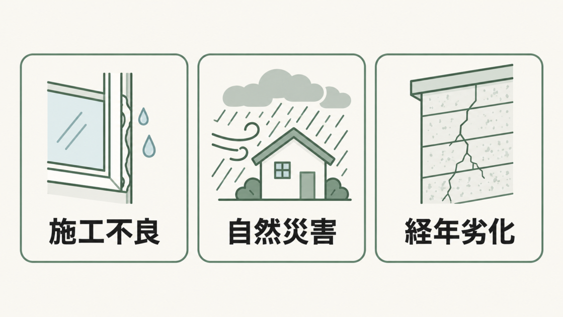 壁からの雨漏りの主な要因である施工不良、自然災害、経年劣化を示す図解