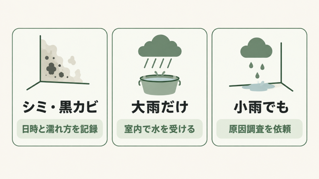 シミ・黒カビ、大雨時、小雨時の症状別に、日時と濡れ方の記録、室内で水を受ける、原因調査を依頼という対応を示す図解