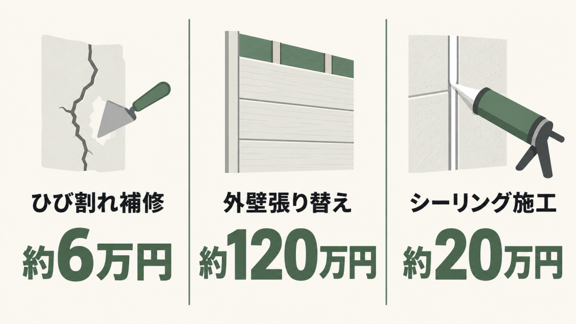 ひび割れ補修約6万円、外壁張り替え約120万円、シーリング施工約20万円の修理費用例を示す図解