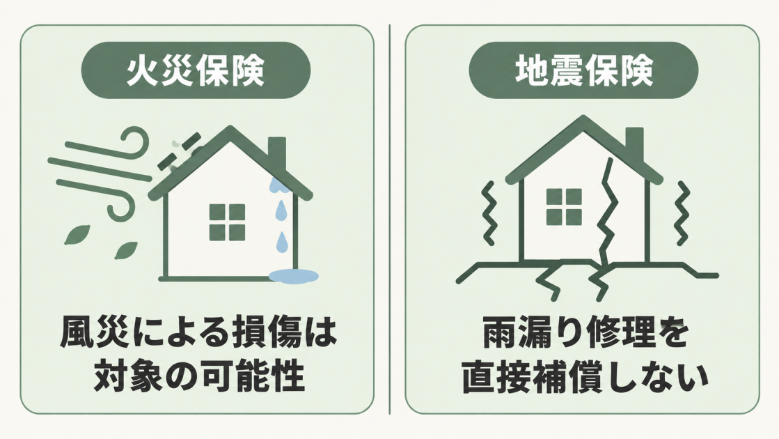 火災保険では風災による損傷が対象になる可能性があり、地震保険は雨漏り修理を直接補償しないことを示す比較図