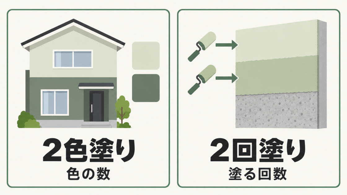 2色塗りは外壁に使う色の数、2回塗りは塗料を塗り重ねる回数を指すことを、家と塗膜の図で比較。