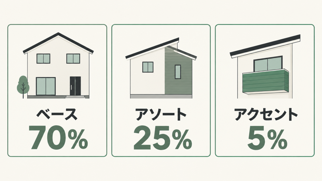 外壁配色のデザイン上の目安。ベースカラー70%、アソートカラー25%、アクセントカラー5%を3枚のカードで示す。