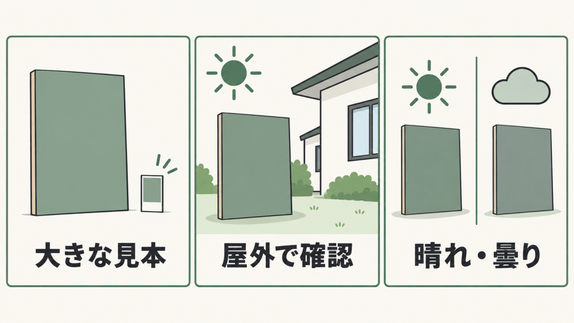 大きな色見本を使い、屋外に置き、晴れの日と曇りの日の見え方を確かめる手順を示す図。