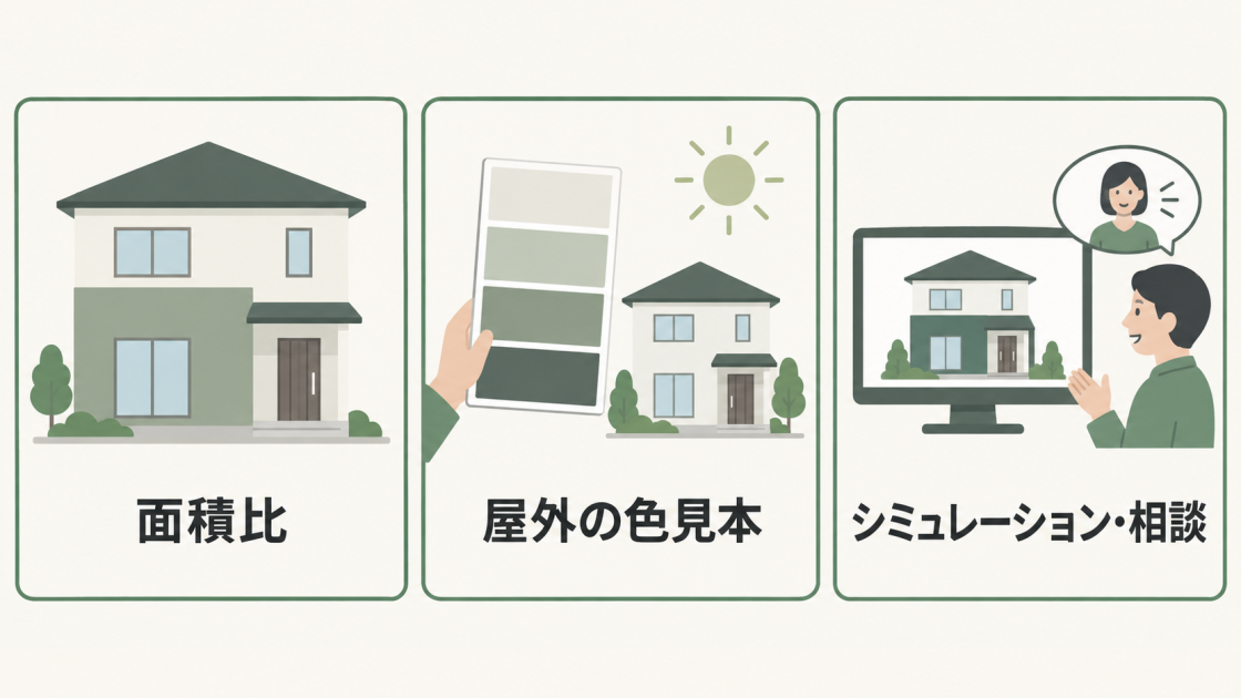 外壁の色選びで、配色の面積比、屋外で見る大きな色見本、カラーシミュレーションと業者への相談を確認する図。