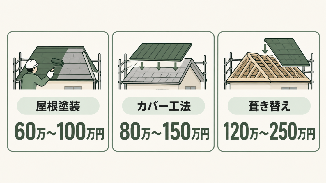 30坪の戸建てで足場費用を含め、屋根塗装は60万～100万円、カバー工法は80万～150万円、葺き替えは120万～250万円が目安であることを示した図解