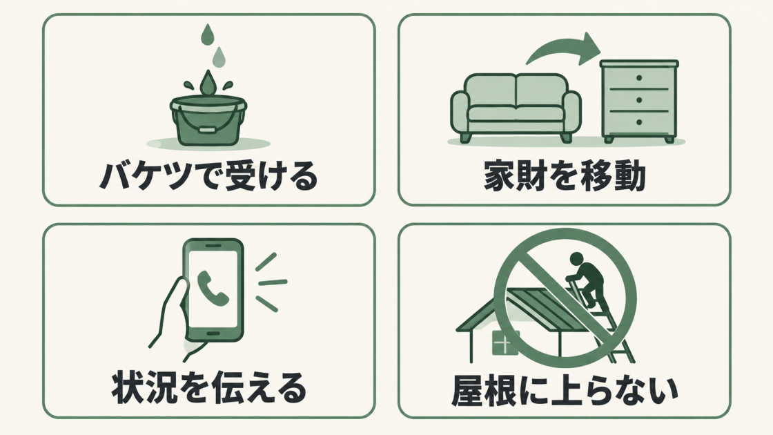 バケツで雨水を受ける、家財を移動する、状況を業者へ伝える、屋根に上らないという4つの応急対応を示した図解