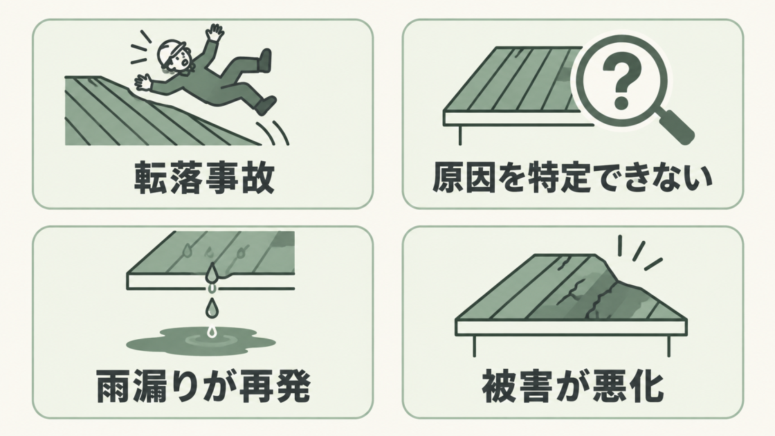 DIY補修には転落事故、原因を特定できない、雨漏りの再発、被害悪化のリスクがあることを示した図解