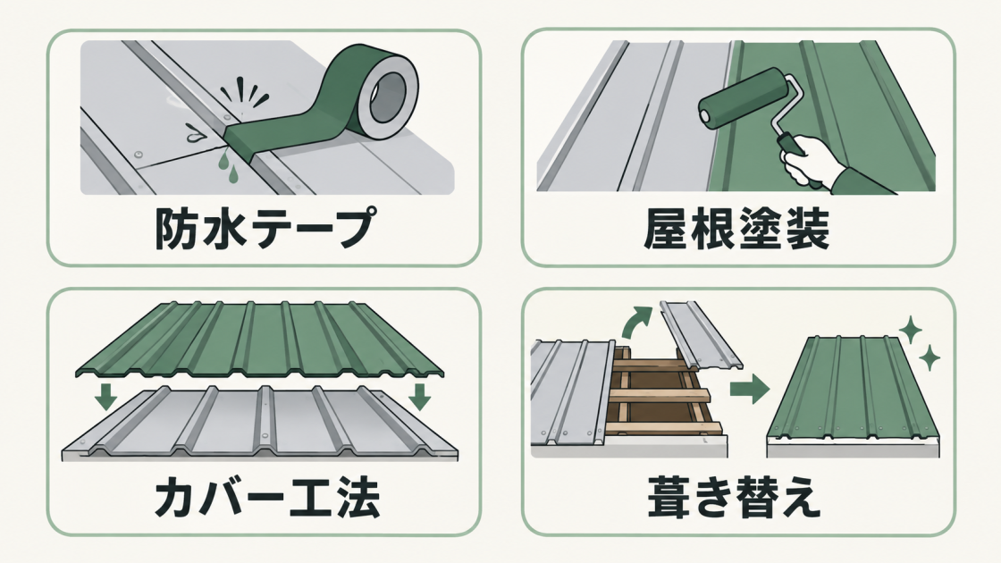 防水テープ、屋根塗装、カバー工法、葺き替えの4つの修理方法を示した図解