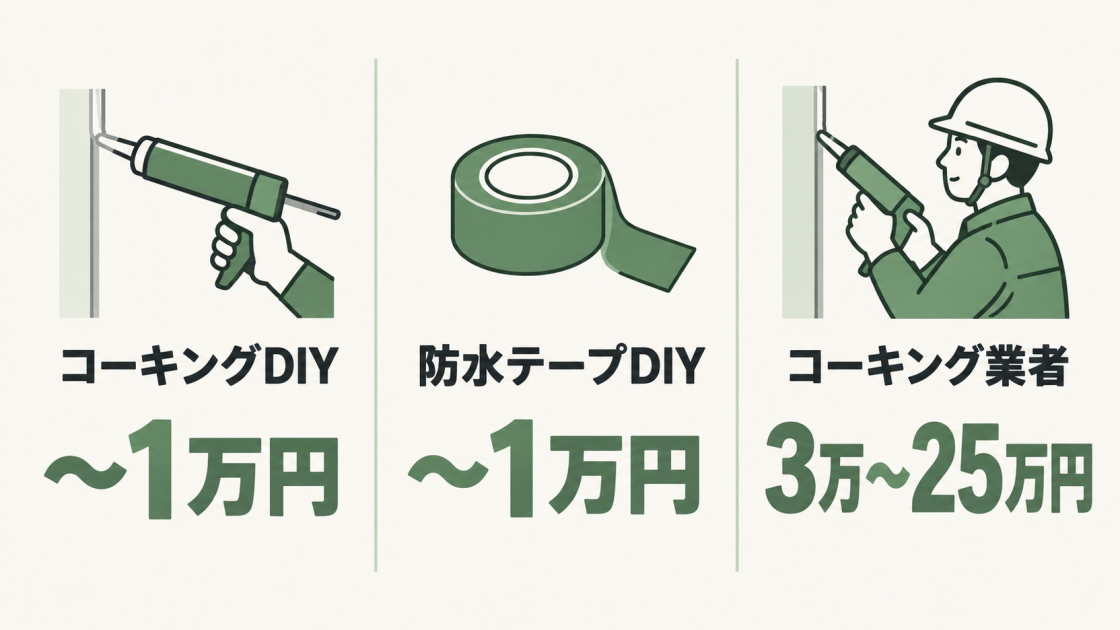DIYのコーキングと防水テープは1万円まで、業者によるコーキングは3万～25万円が目安であることを示した図解