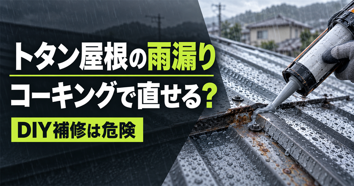 「トタン屋根の雨漏り コーキングで直せる？ DIY補修は危険」の文字と、雨天時にサビたトタン屋根へコーキング剤を充填する手元