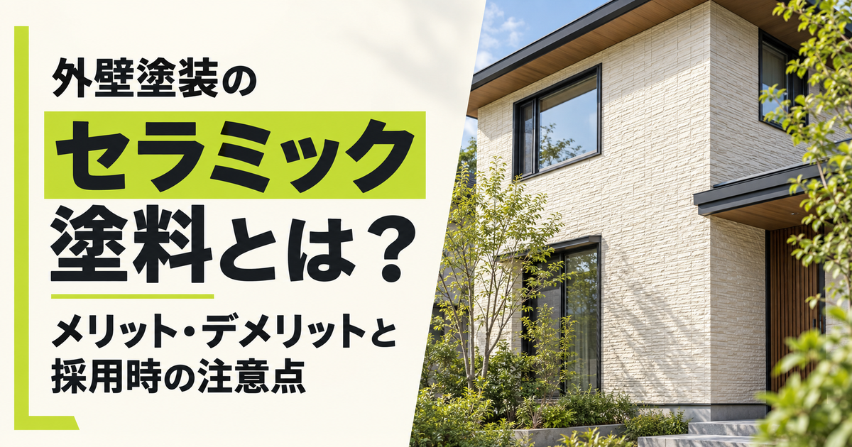 「外壁塗装のセラミック塗料とは？ メリット・デメリットと採用時の注意点」の文字と、白い外壁の戸建て住宅