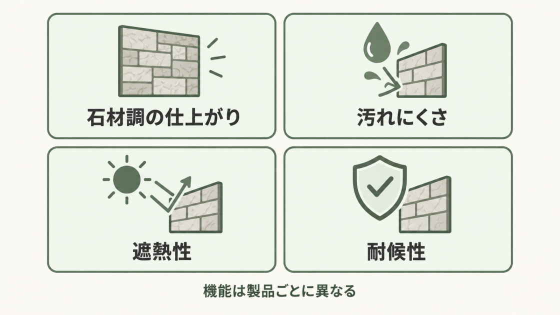 セラミック塗料には石材調の仕上がり、汚れにくさ、遮熱性、耐候性などがあり、備える機能は製品ごとに異なる。
