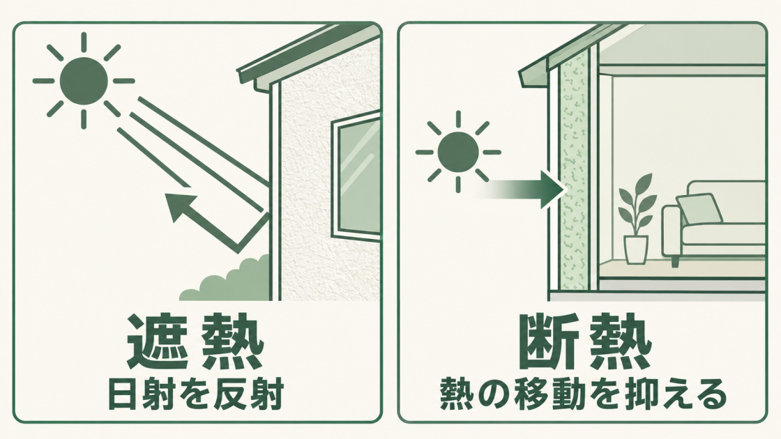 遮熱は太陽光を反射して塗装面の温度上昇を抑え、断熱は壁を通る熱の移動を抑える仕組み。