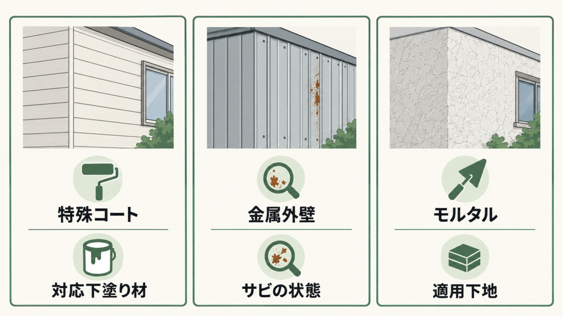 特殊コートのある外壁は対応する下塗り材、金属外壁はサビの状態、モルタルは塗料の適用下地を確認する。