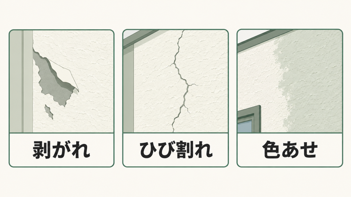 外壁塗装後に見られる主な劣化症状として、塗膜の剥がれ、ひび割れ、色あせを示す。