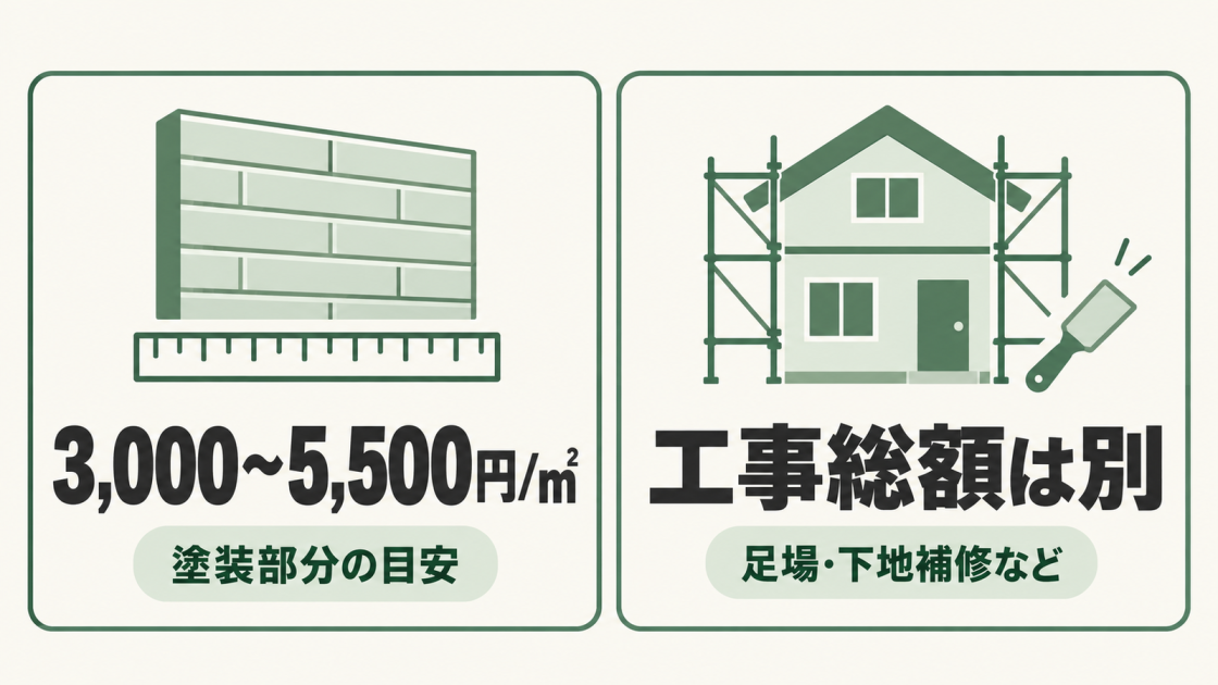 一般的な塗装仕様の塗装部分は1平方メートルあたり3,000～5,500円が目安。足場や下地補修を含む工事総額は別に確認する。