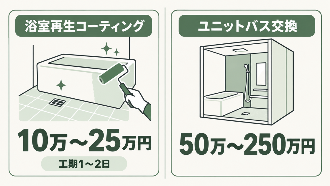 浴室再生コーティング10万〜25万円・工期1〜2日と、ユニットバス交換50万〜250万円を比較した図解