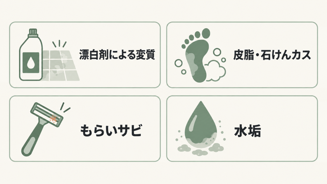 漂白剤による変質、皮脂・石けんカス、もらいサビ、水垢を、お風呂の床が変色する4つの主な原因として示した図解