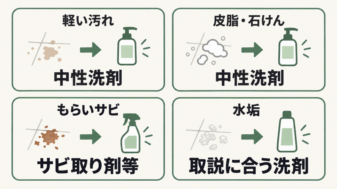 軽い汚れと皮脂・石けんには中性洗剤、もらいサビにはサビ取り剤等、水垢には取扱説明書に合う洗剤を示した図解