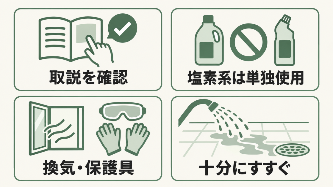 取扱説明書の確認、塩素系洗剤の単独使用、換気と保護具、十分なすすぎの4つの安全ポイントを示した図解