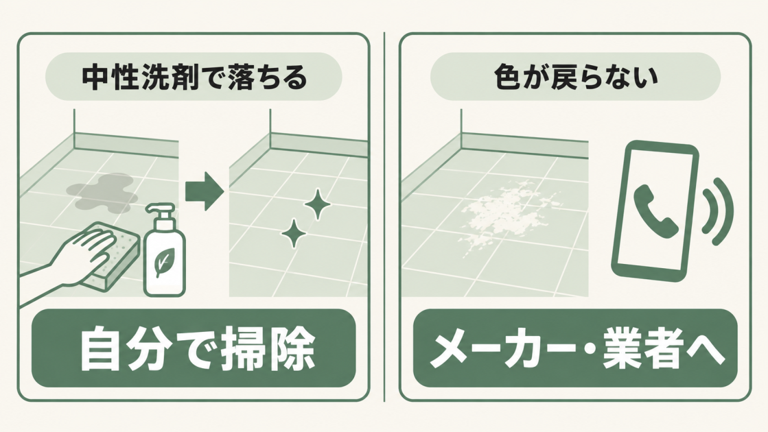 中性洗剤で落ちる汚れは自分で掃除し、色が戻らない変色はメーカーや業者へ相談する判断基準を示した図解