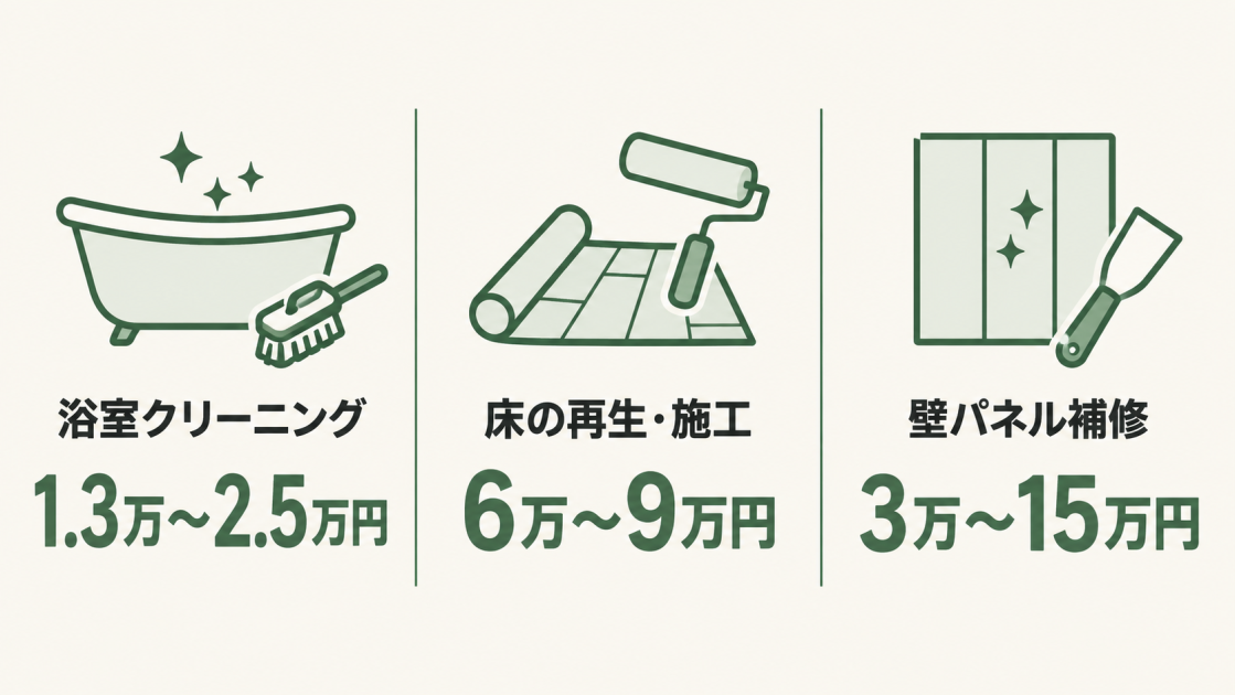 浴室クリーニング1.3万〜2.5万円、床の再生・施工6万〜9万円、壁パネル補修3万〜15万円の費用目安を示した図解