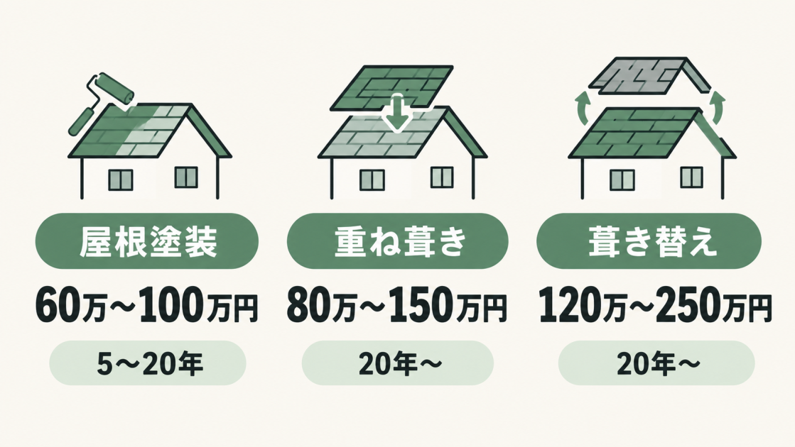 スレート屋根の屋根塗装は60万〜100万円で5〜20年、重ね葺きは80万〜150万円で20年〜、葺き替えは120万〜250万円で20年〜が目安であることを示す図解