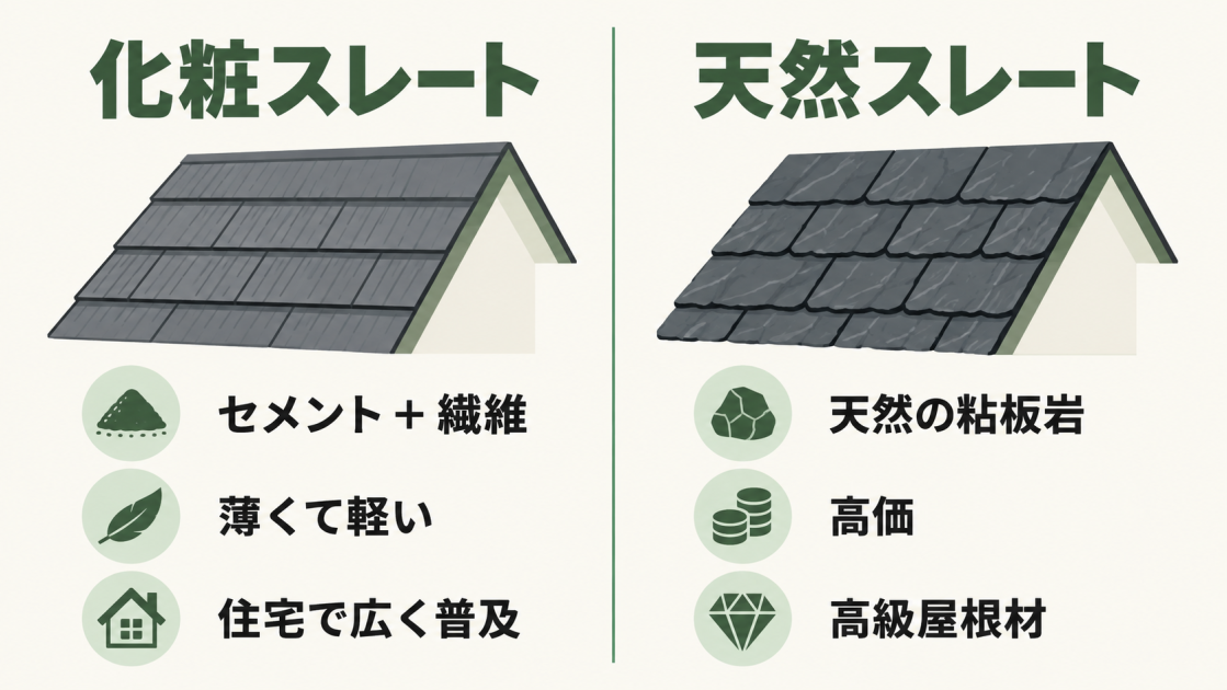 セメントと繊維から作られ住宅に広く普及する化粧スレートと、天然の粘板岩から作られる高価な天然スレートを比較した図解