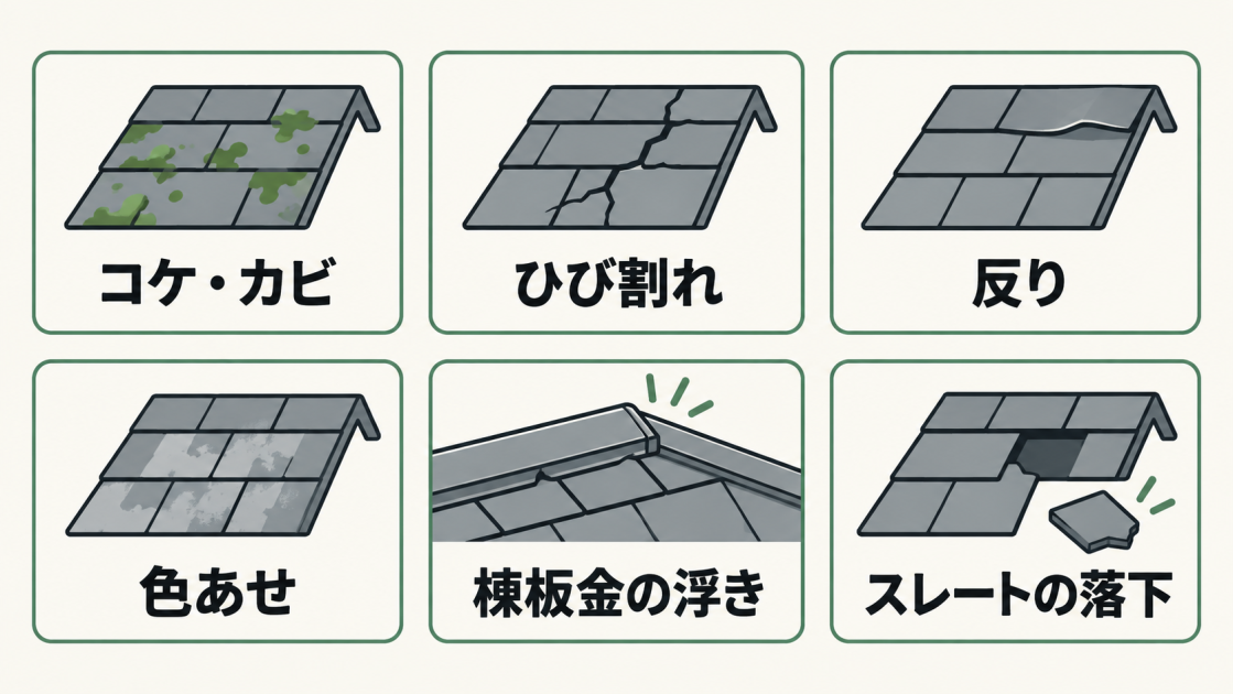 コケ・カビ、ひび割れ、反り、色あせ、棟板金の浮き、スレートの落下という6つの劣化症状を示す図解