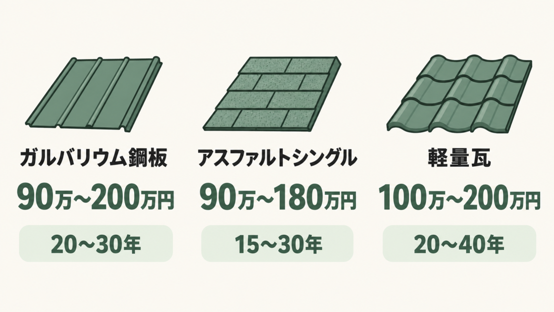 ガルバリウム鋼板は90万〜200万円・20〜30年、アスファルトシングルは90万〜180万円・15〜30年、軽量瓦は100万〜200万円・20〜40年が目安であることを比較した図解