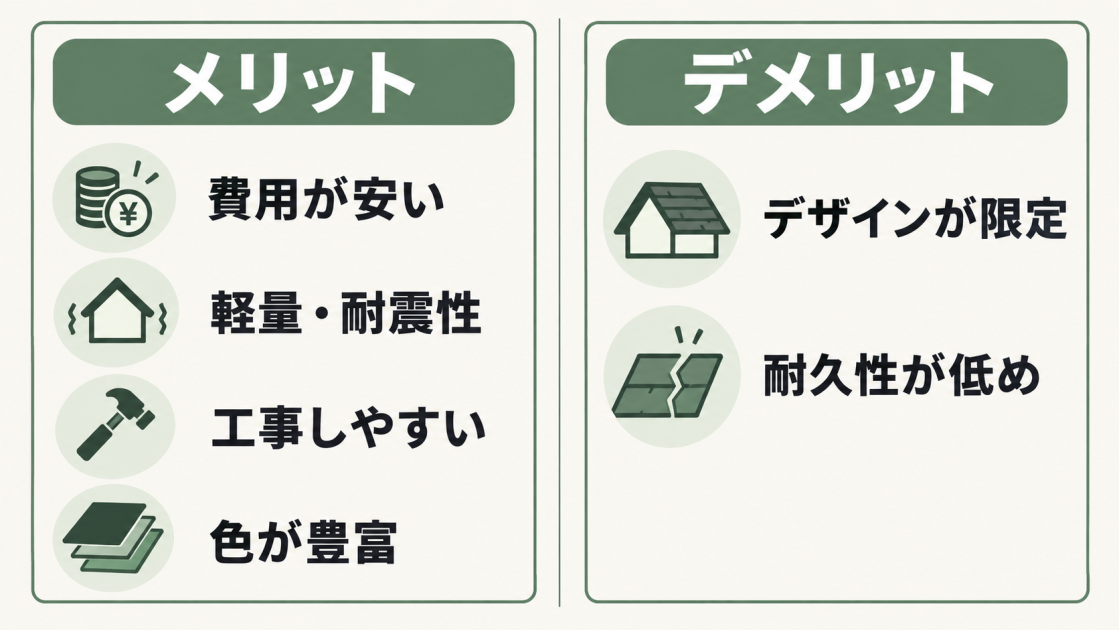 費用が安い、軽量で耐震性がある、工事しやすい、色が豊富というメリットと、デザインが限定され耐久性が低めというデメリットを示す図解
