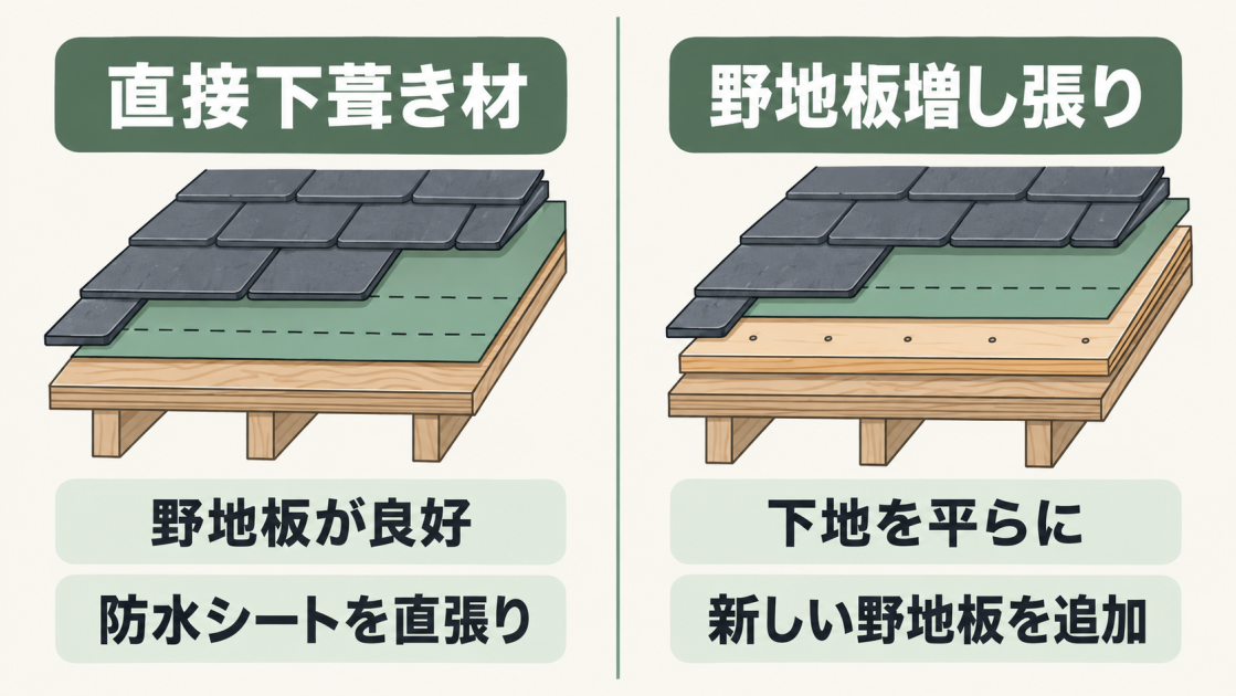 野地板が良好な場合に防水シートを直接張る工法と、下地を平らにするため新しい野地板を追加する工法の違いを示す図解